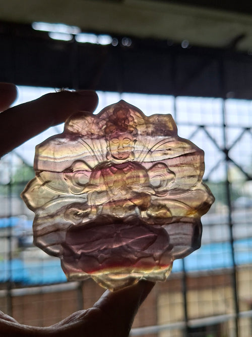 Guanyin Bodhisattva Carving on Lotus in Multi-Fluorite Stone – 113 gms, 3 Inch Spiritual Talisman for Décor, Protection & Meditation