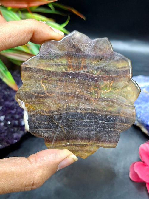 Guanyin Bodhisattva Carving on Lotus in Multi-Fluorite Stone – 113 gms, 3 Inch Spiritual Talisman for Décor, Protection & Meditation