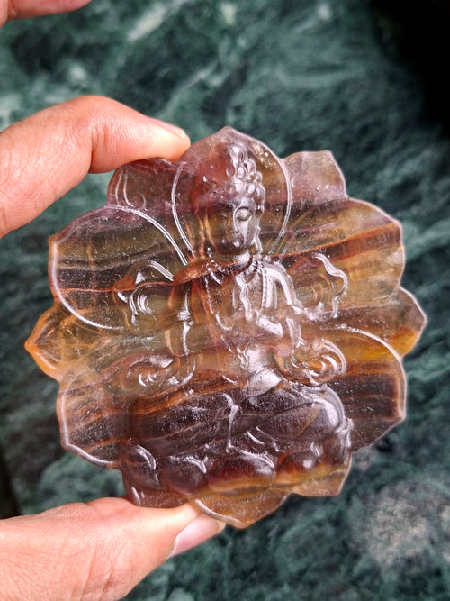 Guanyin Bodhisattva Carving on Lotus in Multi-Fluorite Stone – 113 gms, 3 Inch Spiritual Talisman for Décor, Protection & Meditation