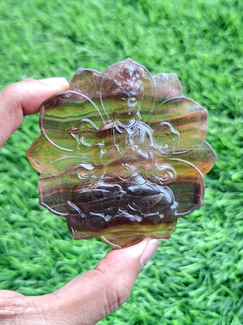 Guanyin Bodhisattva Carving on Lotus in Multi-Fluorite Stone – 113 gms, 3 Inch Spiritual Talisman for Décor, Protection & Meditation