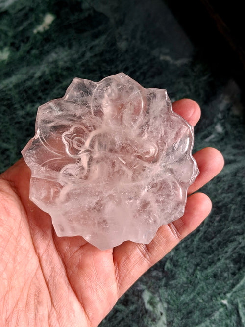 Guanyin Bodhisattva Carving on Lotus in Clear Quartz – A Symbol of Compassion, Clarity, and Spiritual Protection