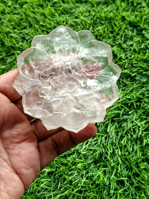 Guanyin Bodhisattva Carving on Lotus in Clear Quartz – A Symbol of Compassion, Clarity, and Spiritual Protection