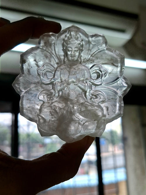 Guanyin Bodhisattva Carving on Lotus in Clear Quartz – A Symbol of Compassion, Clarity, and Spiritual Protection