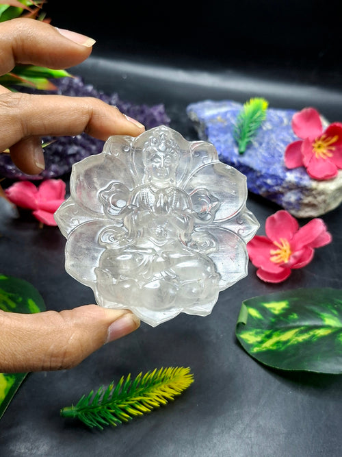 Guanyin Bodhisattva Carving on Lotus in Clear Quartz – A Symbol of Compassion, Clarity, and Spiritual Protection