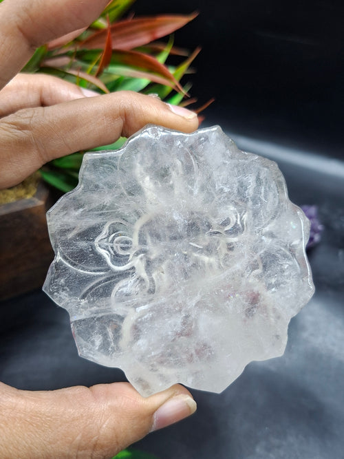 Guanyin Bodhisattva Carving on Lotus in Clear Quartz – A Symbol of Compassion, Clarity, and Spiritual Protection