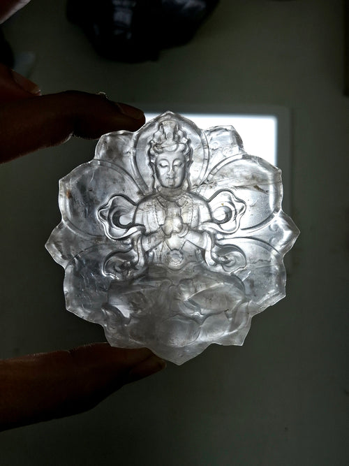 Guanyin Bodhisattva Carving on Lotus in Clear Quartz – A Symbol of Compassion, Clarity, and Spiritual Protection