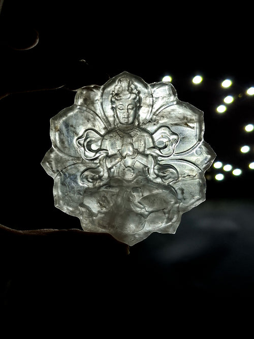 Guanyin Bodhisattva Carving on Lotus in Clear Quartz – A Symbol of Compassion, Clarity, and Spiritual Protection