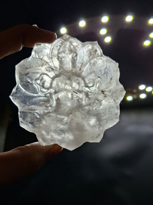 Guanyin Bodhisattva Carving on Lotus in Clear Quartz – A Symbol of Compassion, Clarity, and Spiritual Protection