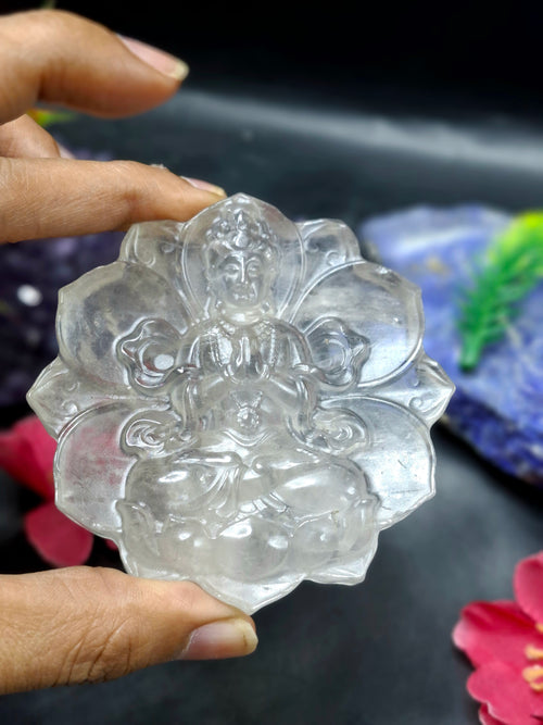 Guanyin Bodhisattva Carving on Lotus in Clear Quartz – A Symbol of Compassion, Clarity, and Spiritual Protection