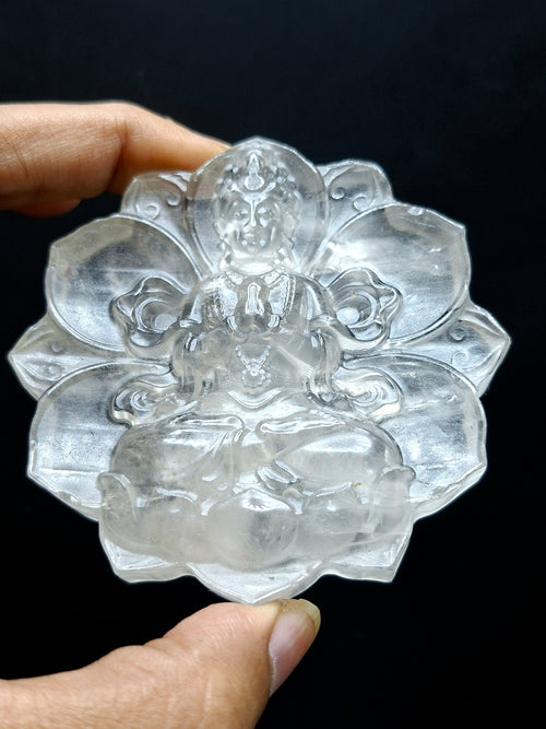 Guanyin Bodhisattva Carving on Lotus in Clear Quartz – A Symbol of Compassion, Clarity, and Spiritual Protection