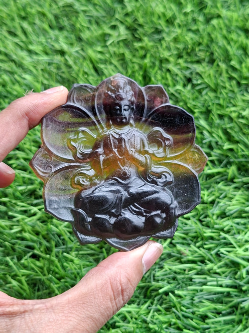 Guanyin Bodhisattva Carving on Lotus in Multi-Fluorite Stone – 97 gms, 3 Inches | Reiki/Chakra/Healing/Energy | Home Decor