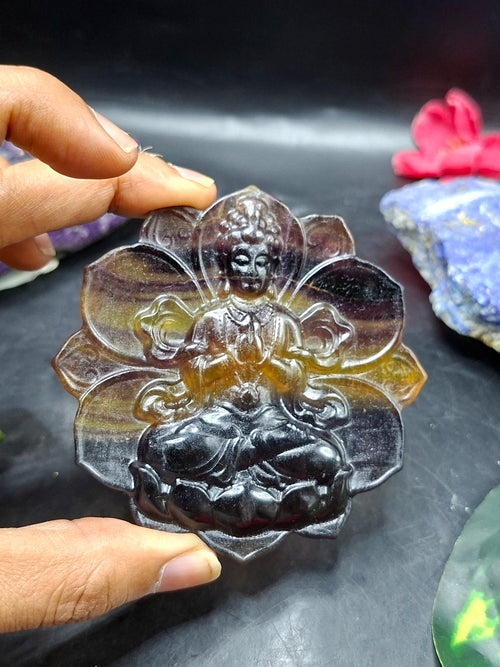 Guanyin Bodhisattva Carving on Lotus in Multi-Fluorite Stone – 97 gms, 3 Inches | Reiki/Chakra/Healing/Energy | Home Decor