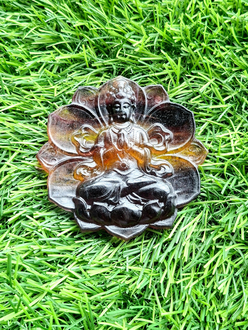 Guanyin Bodhisattva Carving on Lotus in Multi-Fluorite Stone – 97 gms, 3 Inches | Reiki/Chakra/Healing/Energy | Home Decor