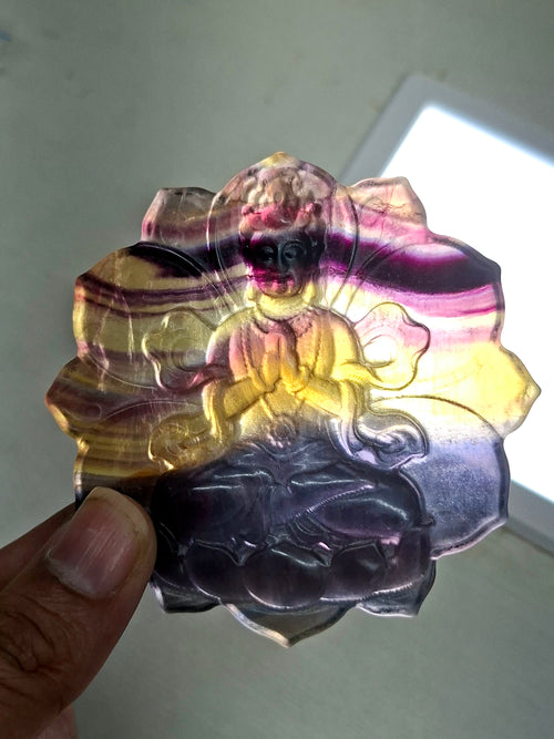 Guanyin Bodhisattva Carving on Lotus in Multi-Fluorite Stone – 97 gms, 3 Inches | Reiki/Chakra/Healing/Energy | Home Decor