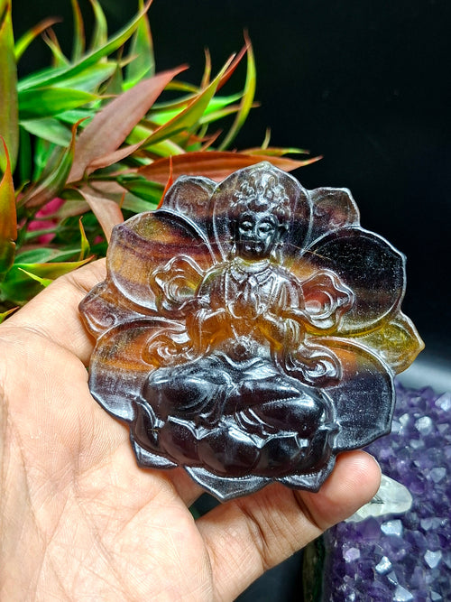 Guanyin Bodhisattva Carving on Lotus in Multi-Fluorite Stone – 97 gms, 3 Inches | Reiki/Chakra/Healing/Energy | Home Decor