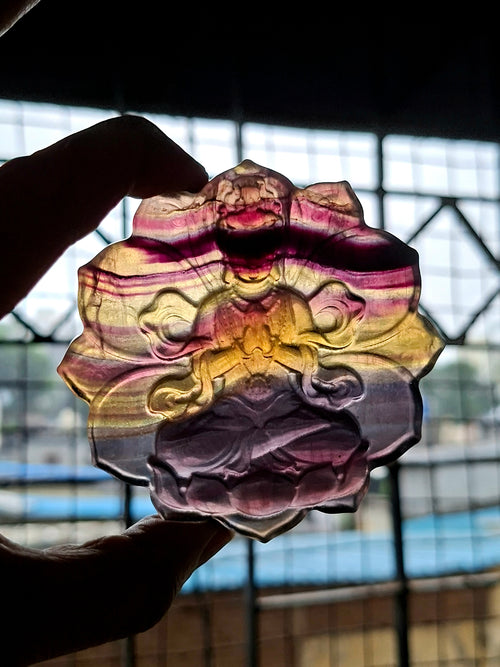 Guanyin Bodhisattva Carving on Lotus in Multi-Fluorite Stone – 97 gms, 3 Inches | Reiki/Chakra/Healing/Energy | Home Decor
