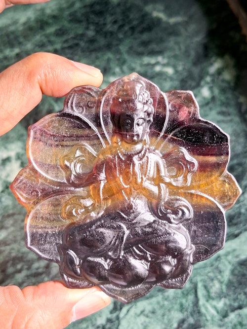 Guanyin Bodhisattva Carving on Lotus in Multi-Fluorite Stone – 97 gms, 3 Inches | Reiki/Chakra/Healing/Energy | Home Decor