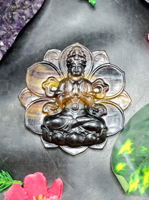 Guanyin Bodhisattva Carving on Lotus in Multi-Fluorite Stone – 97 gms, 3 Inches | Reiki/Chakra/Healing/Energy | Home Decor