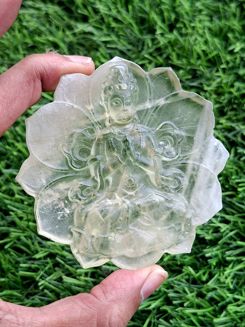 Guanyin Bodhisattva Carving on Lotus in Natural Citrine Stone – 102 gms, 3 Inches Long Spiritual Talisman for Calm Mind, Corporate Growth and Financial Protection