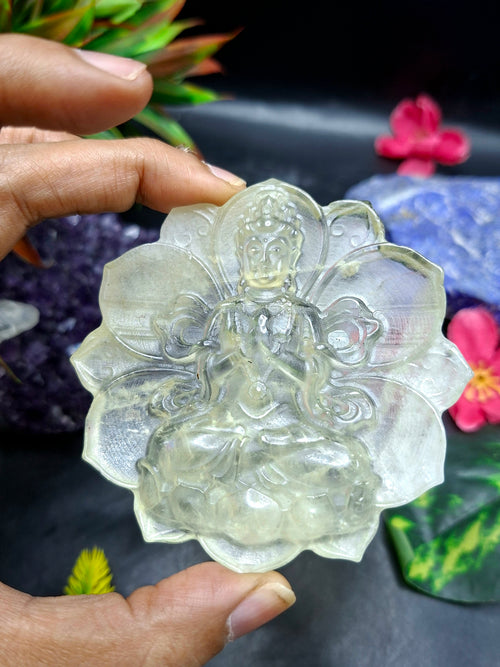 Guanyin Bodhisattva Carving on Lotus in Natural Citrine Stone – 102 gms, 3 Inches Long Spiritual Talisman for Calm Mind, Corporate Growth and Financial Protection