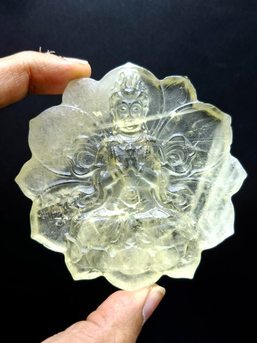 Guanyin Bodhisattva Carving on Lotus in Natural Citrine Stone – 102 gms, 3 Inches Long Spiritual Talisman for Calm Mind, Corporate Growth and Financial Protection