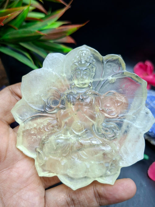 Guanyin Bodhisattva Carving on Lotus in Natural Citrine Stone – 102 gms, 3 Inches Long Spiritual Talisman for Calm Mind, Corporate Growth and Financial Protection