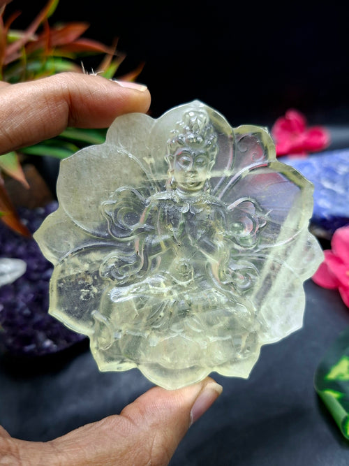 Guanyin Bodhisattva Carving on Lotus in Natural Citrine Stone – 102 gms, 3 Inches Long Spiritual Talisman for Calm Mind, Corporate Growth and Financial Protection