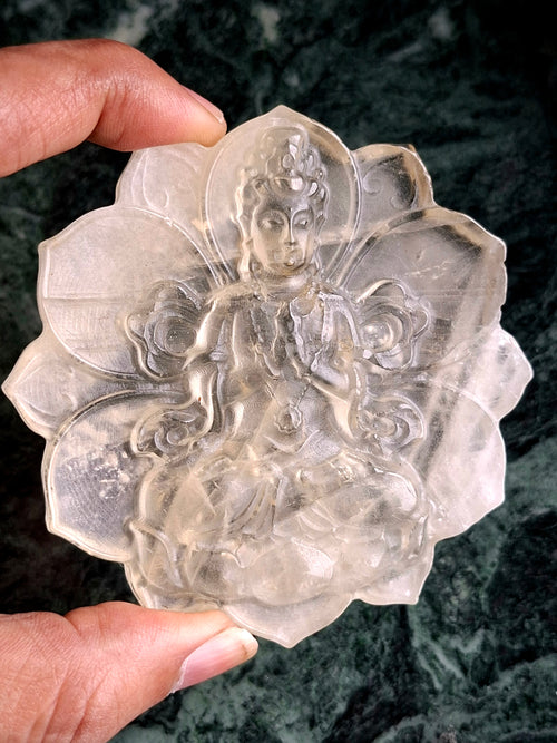 Guanyin Bodhisattva Carving on Lotus in Natural Citrine Stone – 102 gms, 3 Inches Long Spiritual Talisman for Calm Mind, Corporate Growth and Financial Protection
