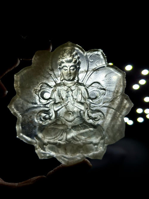 Guanyin Bodhisattva Carving on Lotus in Natural Citrine Stone – 102 gms, 3 Inches Long Spiritual Talisman for Calm Mind, Corporate Growth and Financial Protection
