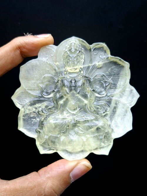 Guanyin Bodhisattva Carving on Lotus in Natural Citrine Stone – 102 gms, 3 Inches Long Spiritual Talisman for Calm Mind, Corporate Growth and Financial Protection