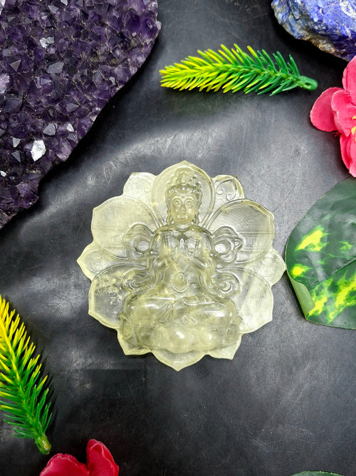 Guanyin Bodhisattva Carving on Lotus in Natural Citrine Stone – 102 gms, 3 Inches Long Spiritual Talisman for Calm Mind, Corporate Growth and Financial Protection