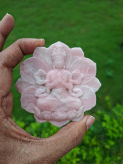 Guanyin Bodhisattva Carving on Lotus in Pink Opal – A Symbol of Compassion, Healing, and Emotional Serenity