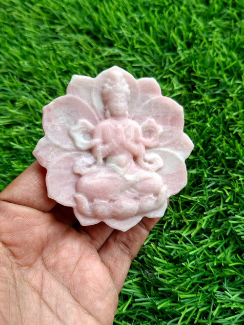 Guanyin Bodhisattva Carving on Lotus in Pink Opal – A Symbol of Compassion, Healing, and Emotional Serenity