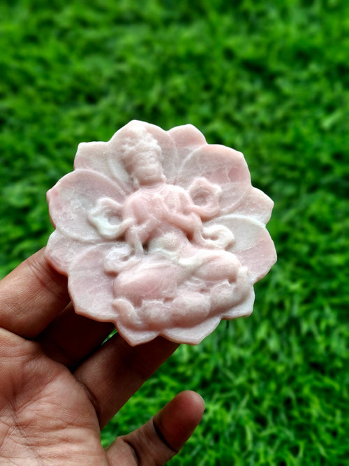 Guanyin Bodhisattva Carving on Lotus in Pink Opal – A Symbol of Compassion, Healing, and Emotional Serenity