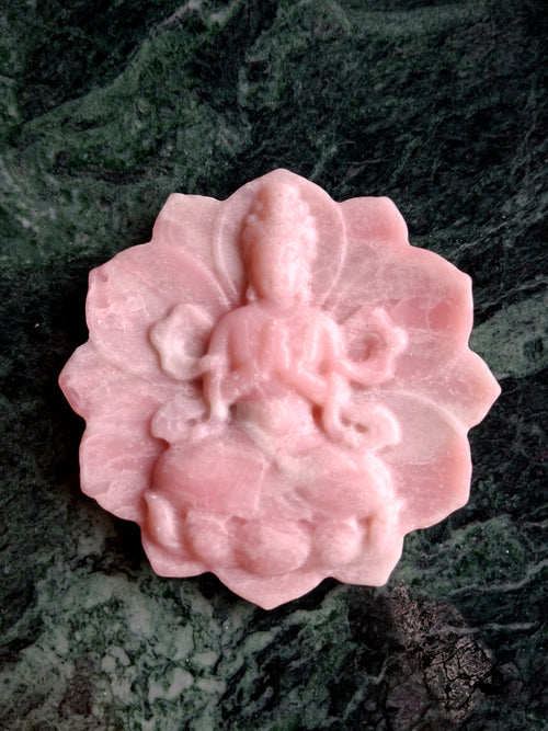 Guanyin Bodhisattva Carving on Lotus in Pink Opal – A Symbol of Compassion, Healing, and Emotional Serenity