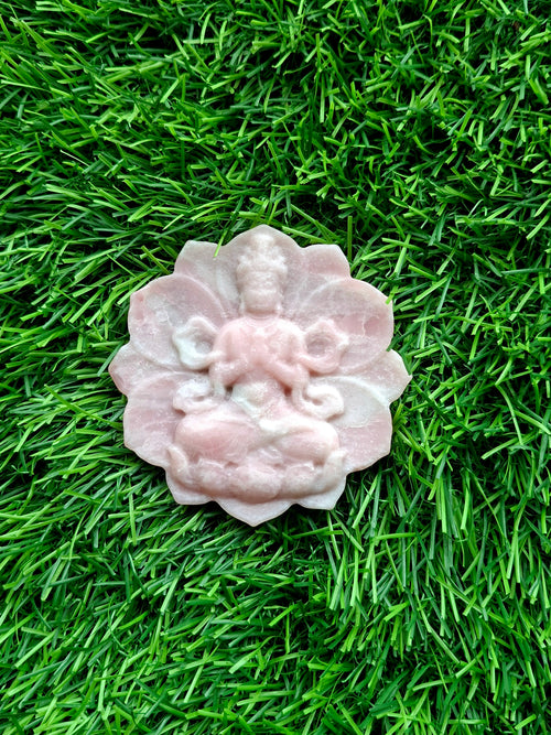 Guanyin Bodhisattva Carving on Lotus in Pink Opal – A Symbol of Compassion, Healing, and Emotional Serenity