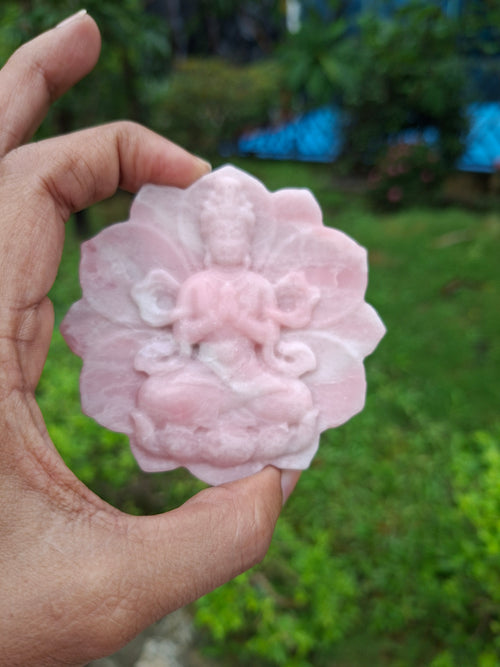 Guanyin Bodhisattva Carving on Lotus in Pink Opal – A Symbol of Compassion, Healing, and Emotional Serenity