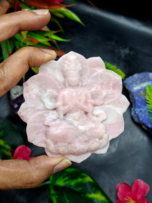 Guanyin Bodhisattva Carving on Lotus in Pink Opal – A Symbol of Compassion, Healing, and Emotional Serenity