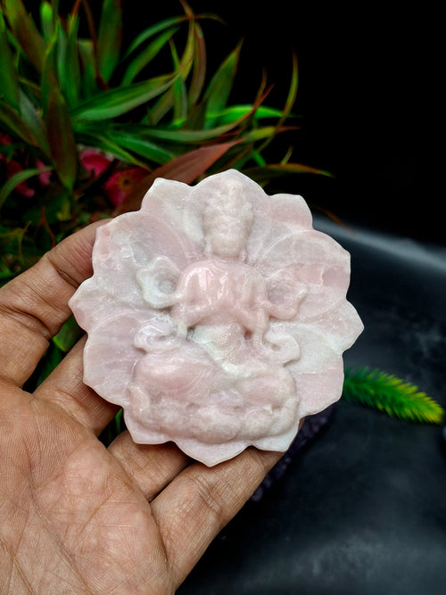 Guanyin Bodhisattva Carving on Lotus in Pink Opal – A Symbol of Compassion, Healing, and Emotional Serenity