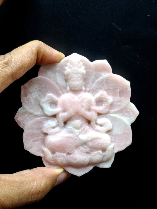 Guanyin Bodhisattva Carving on Lotus in Pink Opal – A Symbol of Compassion, Healing, and Emotional Serenity