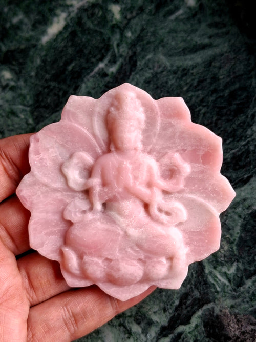 Guanyin Bodhisattva Carving on Lotus in Pink Opal – A Symbol of Compassion, Healing, and Emotional Serenity