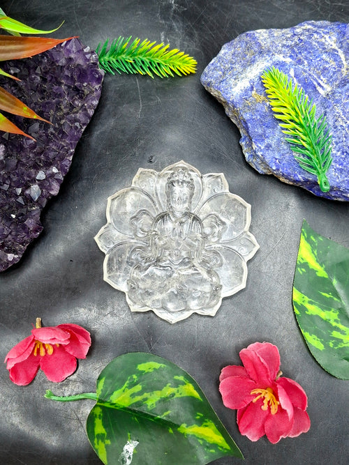 Guanyin Bodhisattva Carving on Lotus in Natural Clear Quartz – 106 gms, 3 Inches | Spiritual Healing Crystal, Meditation Tool, Home & Office Decor