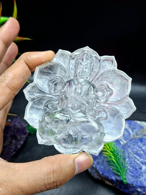 Guanyin Bodhisattva Carving on Lotus in Natural Clear Quartz – 106 gms, 3 Inches | Spiritual Healing Crystal, Meditation Tool, Home & Office Decor