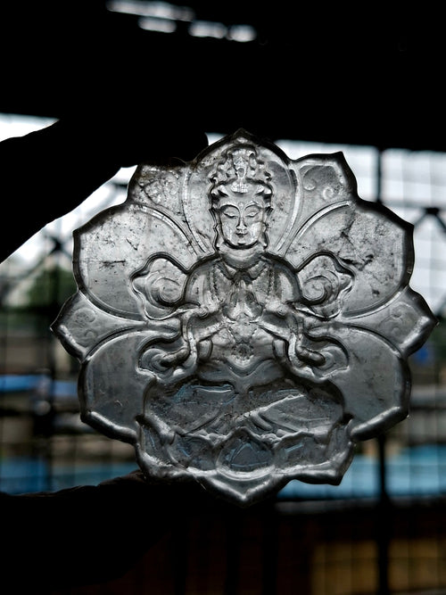 Guanyin Bodhisattva Carving on Lotus in Natural Clear Quartz – 106 gms, 3 Inches | Spiritual Healing Crystal, Meditation Tool, Home & Office Decor