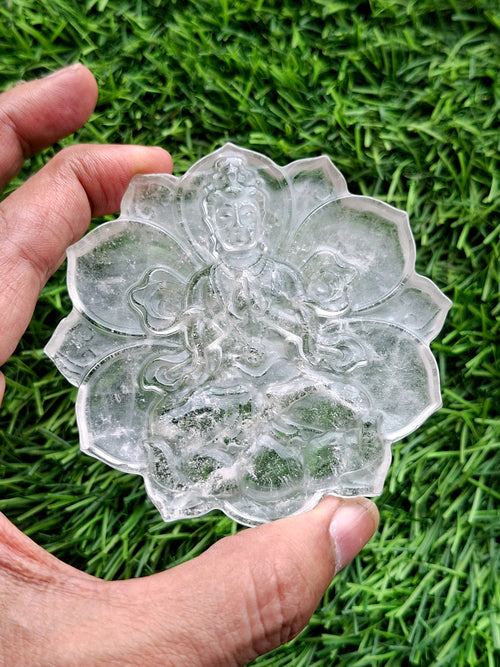 Guanyin Bodhisattva Carving on Lotus in Natural Clear Quartz – 106 gms, 3 Inches | Spiritual Healing Crystal, Meditation Tool, Home & Office Decor