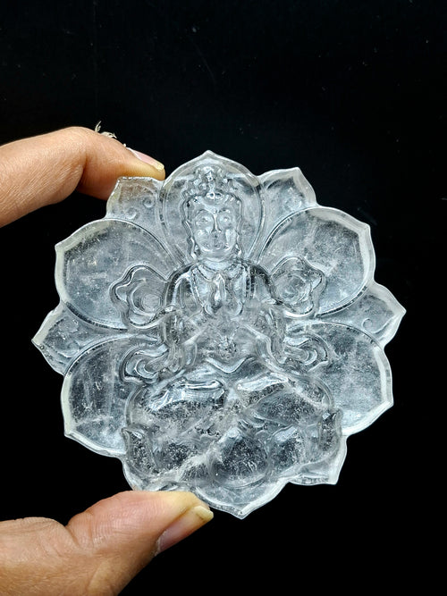 Guanyin Bodhisattva Carving on Lotus in Natural Clear Quartz – 106 gms, 3 Inches | Spiritual Healing Crystal, Meditation Tool, Home & Office Decor