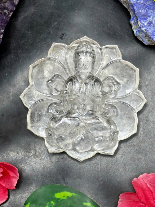 Guanyin Bodhisattva Carving on Lotus in Natural Clear Quartz – 106 gms, 3 Inches | Spiritual Healing Crystal, Meditation Tool, Home & Office Decor