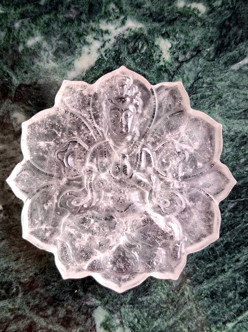 Guanyin Bodhisattva Carving on Lotus in Natural Clear Quartz – 106 gms, 3 Inches | Spiritual Healing Crystal, Meditation Tool, Home & Office Decor