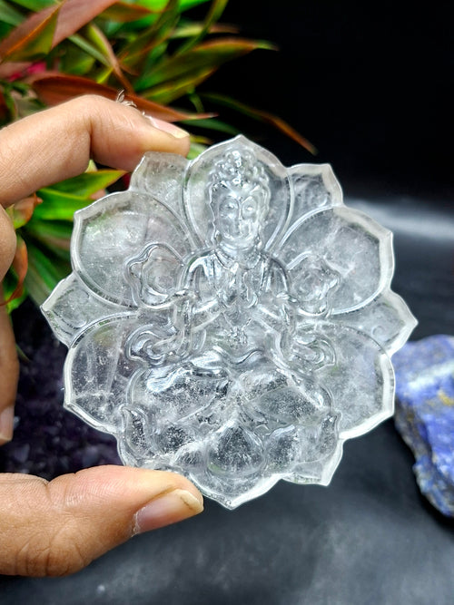 Guanyin Bodhisattva Carving on Lotus in Natural Clear Quartz – 106 gms, 3 Inches | Spiritual Healing Crystal, Meditation Tool, Home & Office Decor