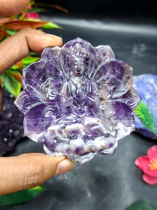 Guanyin Bodhisattva Carving on Lotus in Natural Chevron Amethyst – 117 gms, 3 Inches | Spiritual Healing Stone, Meditation Tool & Protective Talisman